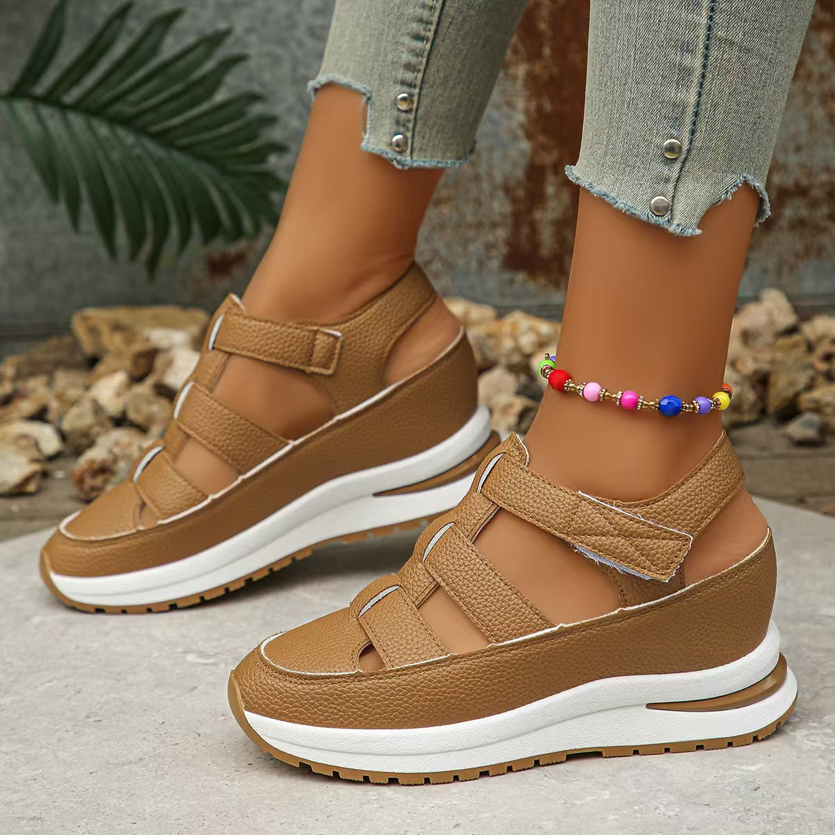 Sandalias ortopédicas para mujer con cierre de velcro, punta abierta y punta cerrada