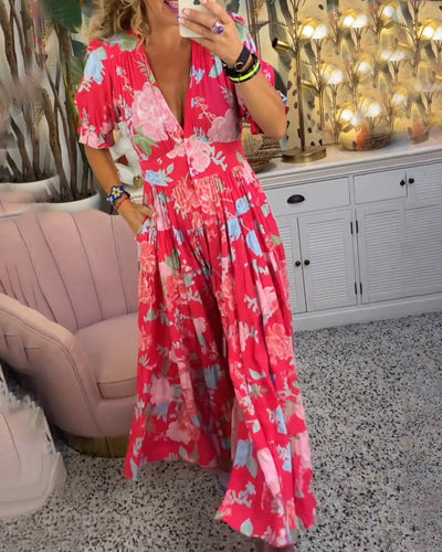 Daniela | Vestido con bolsillos, escote en V y estampado floral.