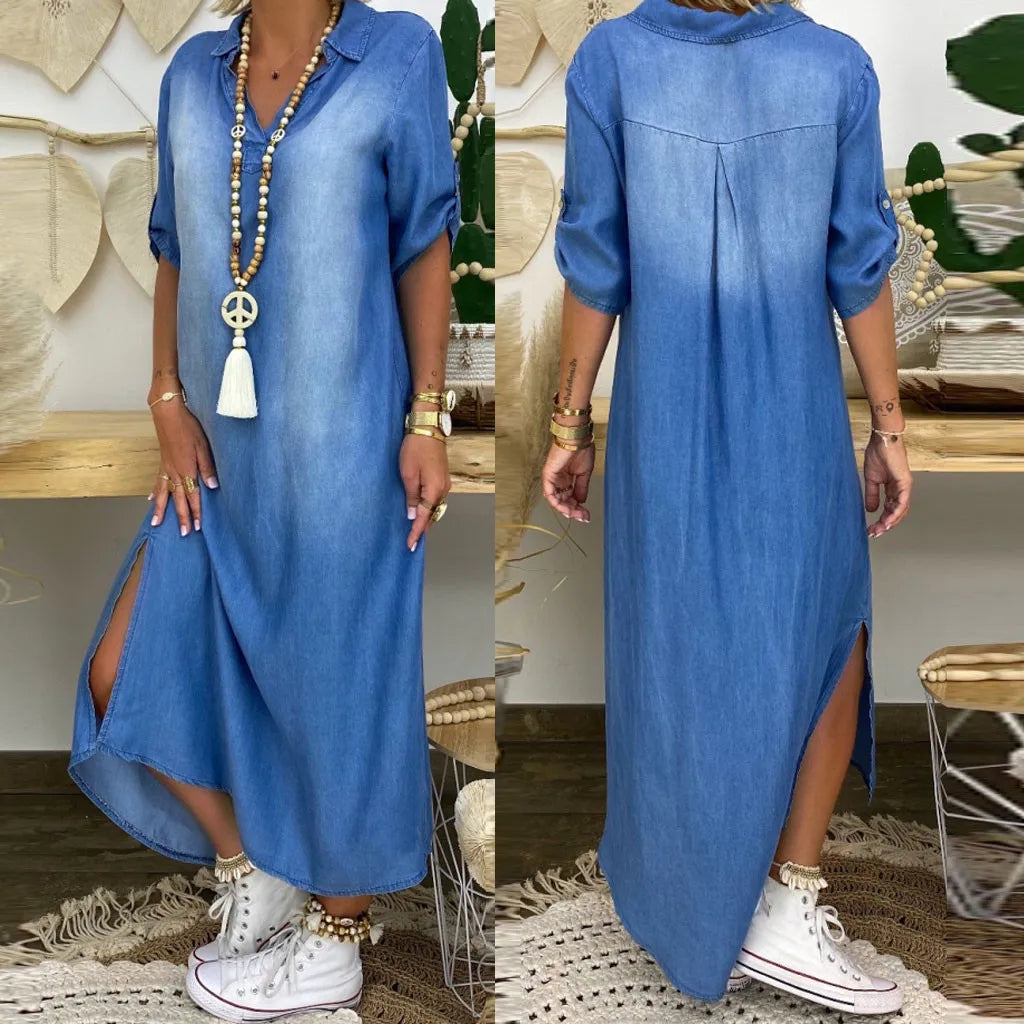 Lea | Vestido largo de estilo vaquero con abertura lateral