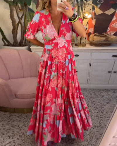 Daniela | Vestido con bolsillos, escote en V y estampado floral.