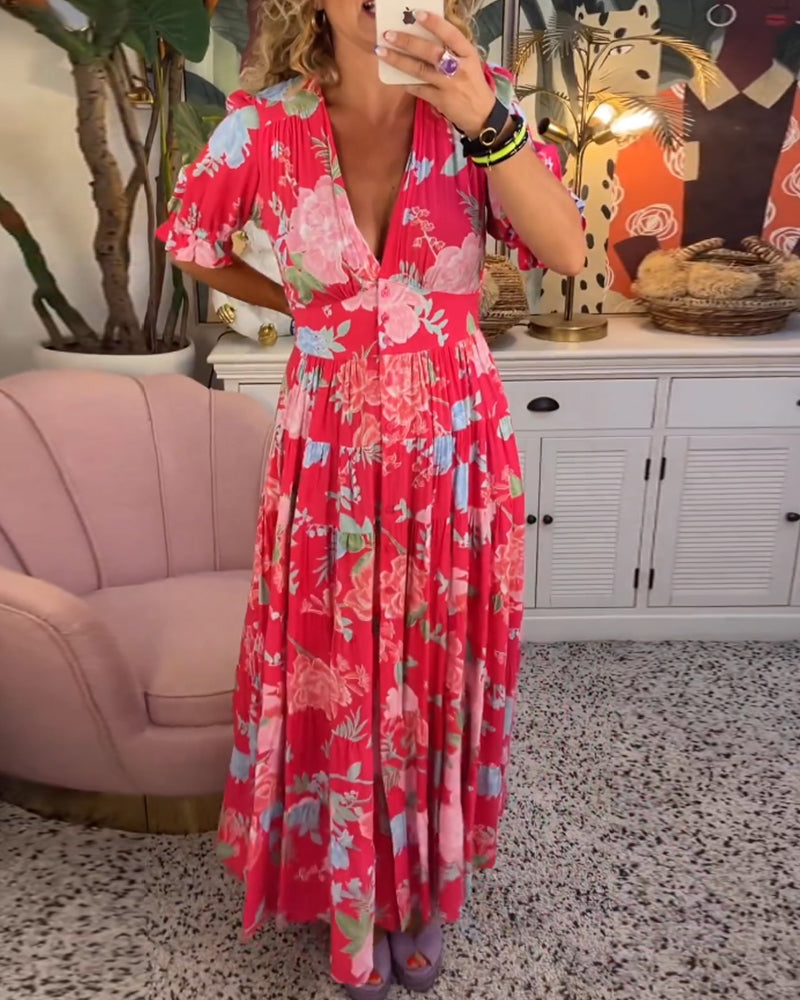Daniela | Vestido con bolsillos, escote en V y estampado floral.