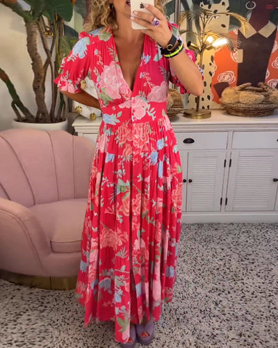 Daniela | Vestido con bolsillos, escote en V y estampado floral.