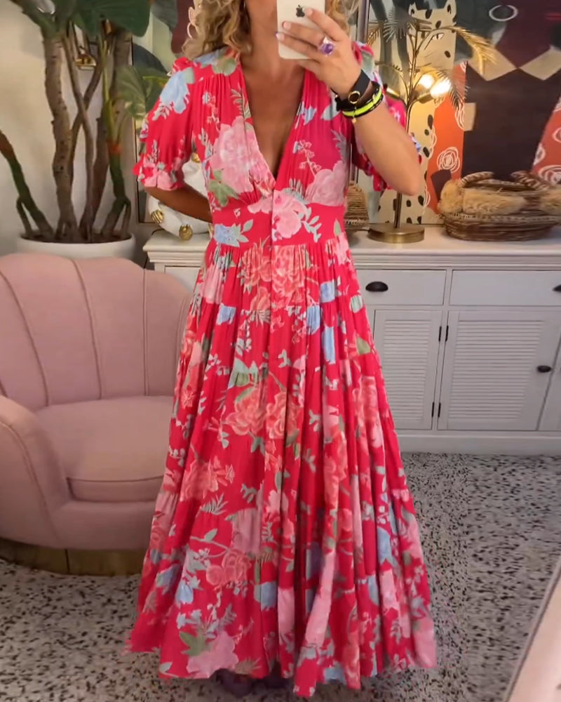 Daniela | Vestido con bolsillos, escote en V y estampado floral.