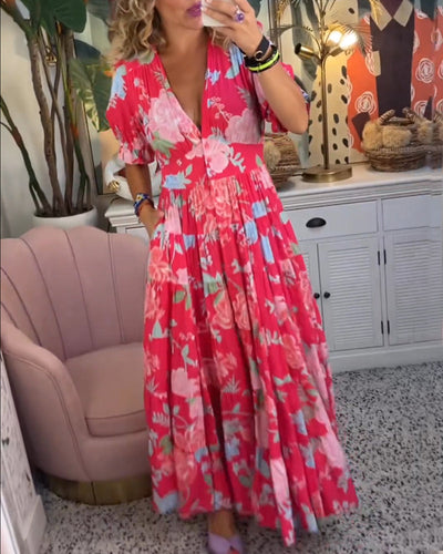 Daniela | Vestido con bolsillos, escote en V y estampado floral.