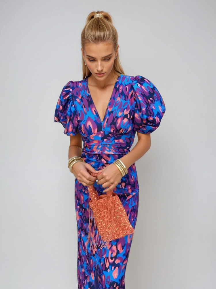 Arielle | Colorido vestido midi con mangas plisadas
