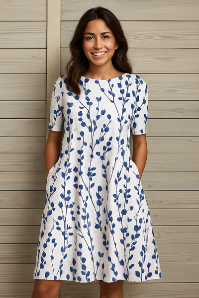 Sela | Vestido midi veraniego con cuello redondo y estampado de flores costeras