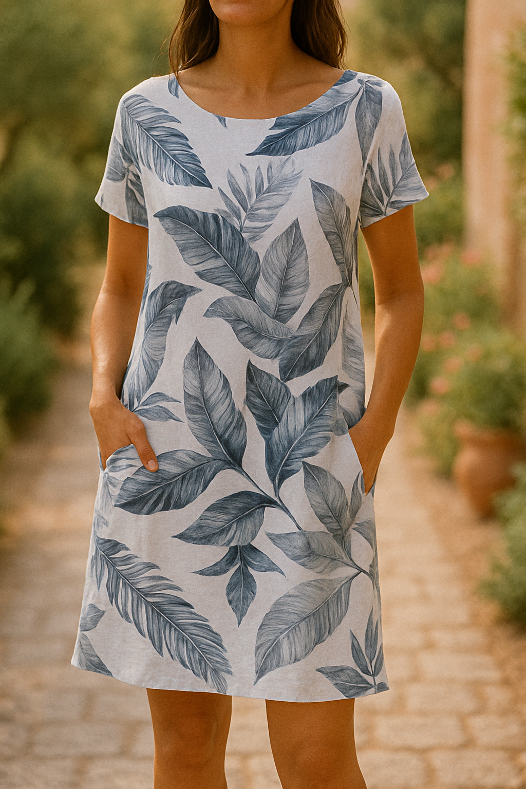 Frankie | Elegante vestido de lino con estampado de hojas